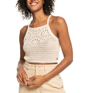ROXY Malibu Crush Halter Crop Top Sz S Cream Spiral Open Knit Cotton Acrylic Ble
